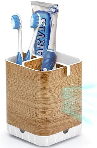 Boperzi Toothbrush Holders for Bathrooms Organizer Countertop, Detachable Anti-Slip Electric Toothbrush Holders for Kids, Toothbrush and Toothpaste Holder Storage Caddy Drainage for Shower Wood Grain by Boperzi