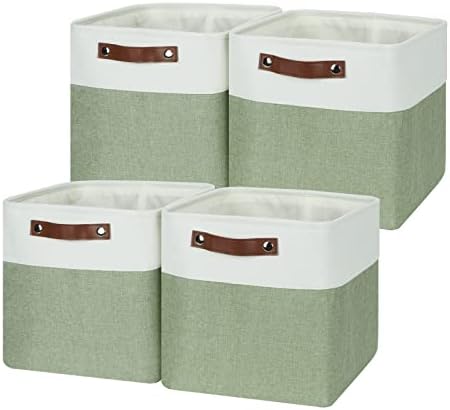 Temary Fabric Storage Bins for Organizing Clothes, Closet Baskets with Handles - Decorative Storage Boxes for Home (White & Green, 12 Inch, 4 Pack) by TEMARY
