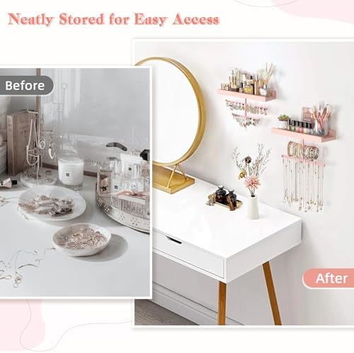 Keebofly Jewelry Organizer Wall Mounted Hanging with Wooden Shelf for Kids, Girls, Teens, Jewelry Holder Storage Display for Earring, Necklace, Bracelet, Bow, Pink, (Patented) - Image 5