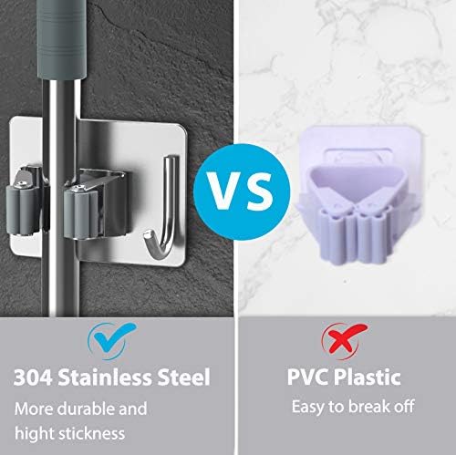 homeasy Broom Holder Wall Mount 6Pcs, Self Adhesive Mop Broom Hanger Silver - Image 2