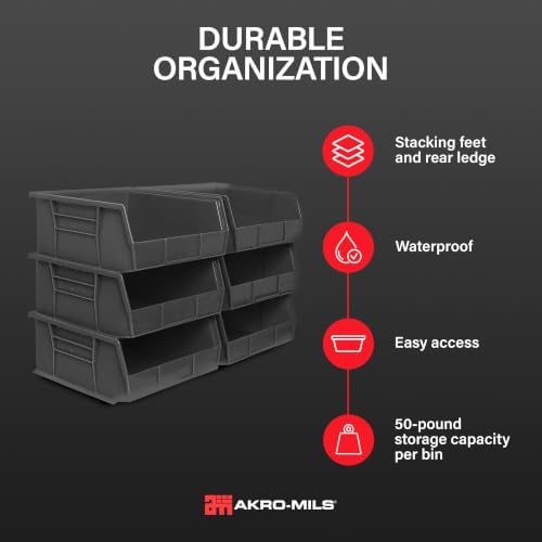 Akro-Mils 30235 AkroBins Plastic Storage Bins, 11"x11"x5", Black, 6-Pack - Image 3