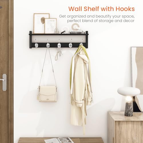 Homode Coat Rack Wall Mount with Shelf, 24" Long Entryway Shelf with Hooks Underneath, Wooden Coat Hanger for Hanging Hats, Bathroom Towels, Clothes, Black - Image 2