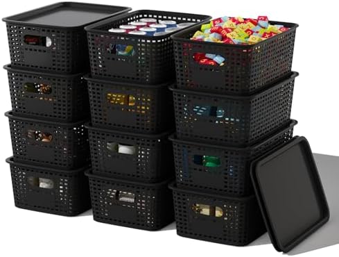ORGIDOL Plastic Storage Basket with Lids 12 Pack Stackable Black Storage Bins Containers with Lid, Decorative Storage Boxes for Organizing Shelves, Drawers, Playroom, Classroom, Office, Closet by ORGIDOL