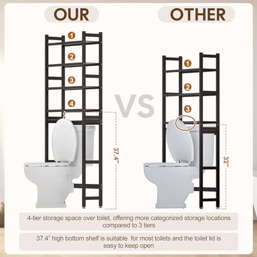 Cozivolife Over The Toilet Bamboo Storage Rack: 4-Tier & 2 Baskets (Brown) - Image 3