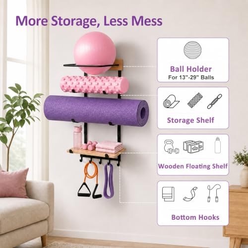 4-in-1 Yoga Mat & Ball Holder Wall Mount Storage, Durable Home Gym Accessories Organizer with Adjustable Solid Pine Floating Shelf & Hooks, 5 Hooks for Hanging Foam Rollers and Resistance Bands - Image 3