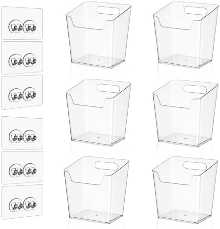 Clear Inside Cabinet Door Organizer, 6 Pack Plastic Wall Storage Bin Adhesive, Vertical Versatile Caddy Makeup Brush Pen Holder for Small Spaces in Bathroom, Office, Kid's Room Organization, No-Drill by Hiopeak