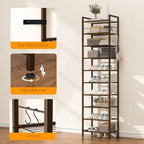 usikey 10 Tiers Narrow Shoe Rack 20-30 Pairs, Sturdy Metal Tall Shoe Rack Shelf with 4 Hooks, Slim Shoe Storage with Metal Shelf, Space Saving Vertical Shoe Organizer for Closet Entryway, Bronze - Image 5