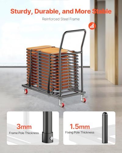 VEVOR Folding Chair Rack, 300 LBS Capacity, L-Shape Horizontal Placement Chair Cart for 25 Chairs, Heavy-Duty Metal Chair Storage Dolly with Rubber Wheels and Holders, Large Chair Holder, Matte Black - Image 3
