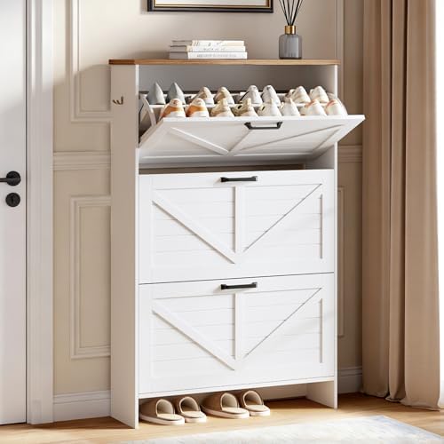 Shoe Cabinet for Entryway, 3 Flip Drawers Shoe Storage Cabinet with 3-Tier Adjustable Shelves, Ultra Slim 9.1" Depth Holds Up to 30 Pairs, Freestanding Hidden Shoe Organizer with Barn Door Design by Nicetree