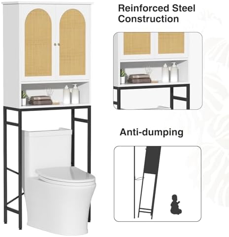 Rattan Over The Toilet Storage Cabinet, Bathroom Organizers and Storage Over Toilet with Rattan Door and Metal Stand, Tall Storage Shelves Above Toilet, Wood Rack for Restroom, Laundry, White - Image 2