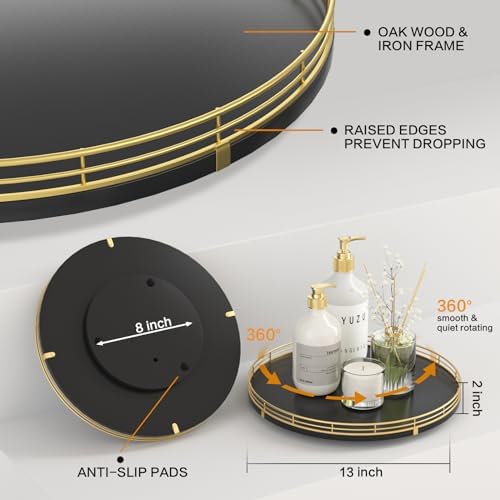 Oroyutor 13-Inch Oak Lazy Susan Vanity Tray with Gold Metal Rail - Image 6