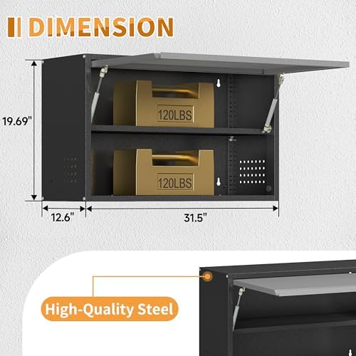 Metal Garage Wall Cabinet with Up-Flip Door, Float Tool Cabenit with Adjustable Shelf,Steel Wall-Mounted Storage Cabinet with Pegboard for Kitchen,Garage,Workshop,Warehouse(19.7"H,Black&Gray) - Image 2