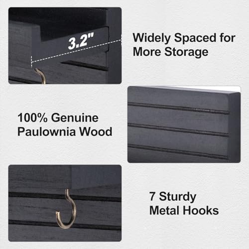 Lwenki Decorative Key Holder for Wall with Shelf, Entryway Shelf with Hooks Holds Leashes, Jackets and Glasses – Sturdy Wood Keyholder Entrance Hanger with Mounting Hardware (Black, Large) - Image 2