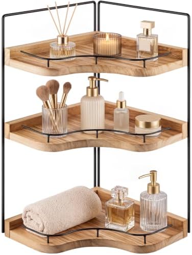 Ripeng 3 Tier Corner Bathroom Counter Organizer, Wooden Vanity Shelf with Metal Guardrails, Space Saving Corner Storage Rack for Bathroom Countertop, Kitchen, Bedroom, Light Brown by Ripeng