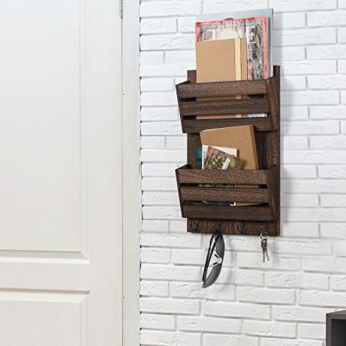 BTY Mail Holder for Wall, Wooden Mail Sorter with 4 Key Hooks, 2 Slot Wall Mounted Mail Sorter Letter Bills Newspaper Magazine Organizer for Entryroom Hallway Office Garage, Rustic Brown - Image 3