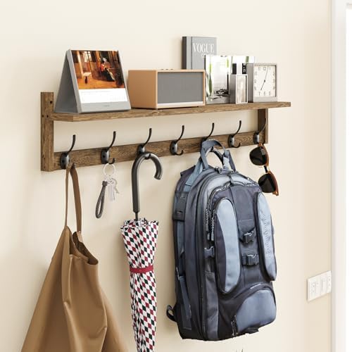 BAMEOS 35" L Wooden Coat Rack Wall Mount, Large Wall Coat Hooks with Shelf, Wall Hanging Shelf with 7 Dual Metal Hooks for Entryway, Bathroom, Kitchen, Living Room, Bedroom - Image 5
