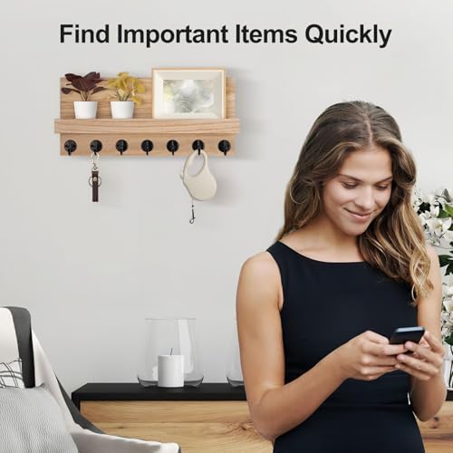 Lwenki Key Holder Wall Mount, Entryway Key and Mail Holder with 7 Sturdy Hooks for Sunglasses, Dog Leash, Decorative Wall Shelf with Mounting Hardware, 15”W x 6.7”H x 4.2”D (Wood) - Image 6