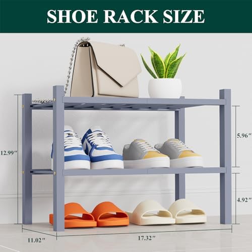 Smiry Bamboo Shoe Rack, 8 Vertical Slats, 2 Tier - 17.3" Wide, Grey - Image 2