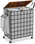 Laundry Basket with Wheels, Heavy Duty Laundry Sorter 2 Sections, 120L (32Gal.) Large Capacity Laundry Hamper with Wood Lid, 360 Rolling Wheels, Extra Side Pocket, Leather Pull Handle, Grey by Unknown