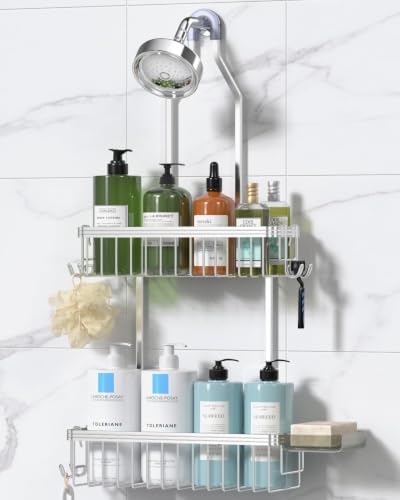 YASONIC Never Rust Shower Caddy Hanging, Aluminum Shower Racks for Inside Shower, 2-Tier Shower Organizer Hanging Over Shower Head with Hooks and Soap Holder, Silver by YASONIC