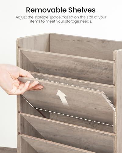 CHOEZON Wall File Organizer, 6-Tier Vertical Mount Hanging Holder with 2 Side Hooks, Modern Wooden Magazine Storage Holder with Bottom Tray, Desk Organizer, for Office, Home, Greige MWJ01FH - Image 6