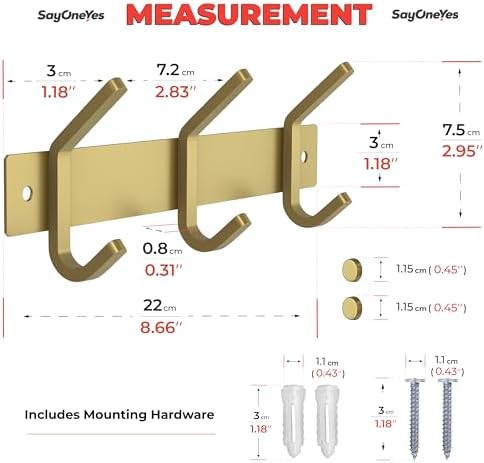 Brushed Gold Small Coat Rack Wall Mount – 9 Inch Stainless Steel Rail with 3 Double Coat Hooks for Entryway, Bathroom, Bedroom, Kitchen – Modern Gold Hook Rack for Coats, Hats, Towels - Image 2