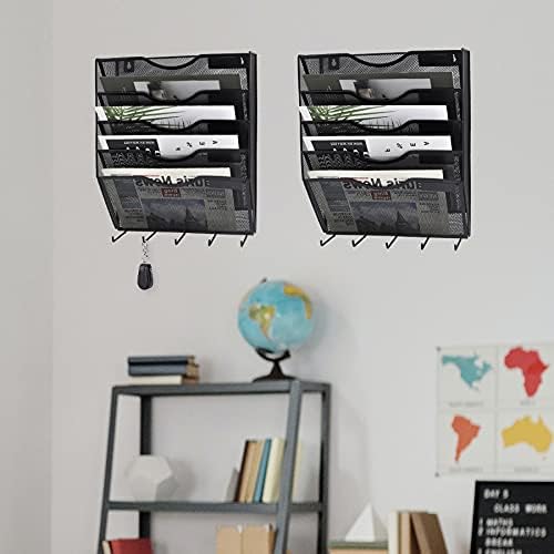 EASEPRES 5 Pocket Mesh Hanging File Organizer with Key Holder Hooks & Nametag Label, Wall Mounted Mail Paper Document Folder Storage Organization Magazine Rack for Office Cubicle, 5 Tier Black - Image 3