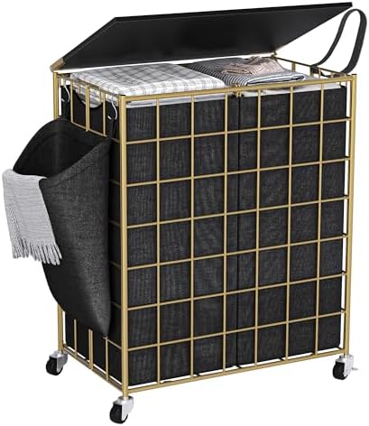 120L Laundry Basket with Wheels, Large Capacity Laundry Hamper with 3 Separate Removable Liner Bags, Heavy Duty Laundry Sorter with Solid Wood Lid & Leather Handles, Golden+Black, TLH002BG by Unknown