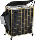 120L Laundry Basket with Wheels, Large Capacity Laundry Hamper with 3 Separate Removable Liner Bags, Heavy Duty Laundry Sorter with Solid Wood Lid & Leather Handles, Golden+Black, TLH002BG by Unknown