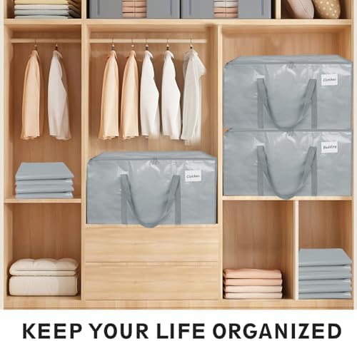 4 Pack-Extra Large Heavy Duty Moving Bags - Waterproof Storage Totes with Handles & Zippers, Foldable for College Dorm, Storage (light gray) - Image 5