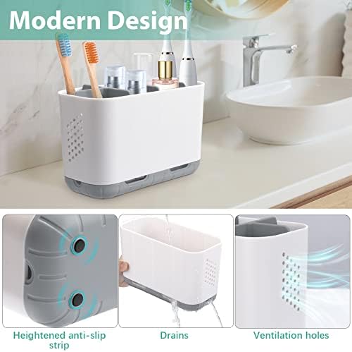 Boperzi Toothbrush and Toothpaste Holder Drainage for Bathroom Countertop with Adjustable Dividers, Large Toothpaste Caddy Organizer Storage Rustic Decor Set Anti-Slip for Shower,Family,Kids Gray - Image 3