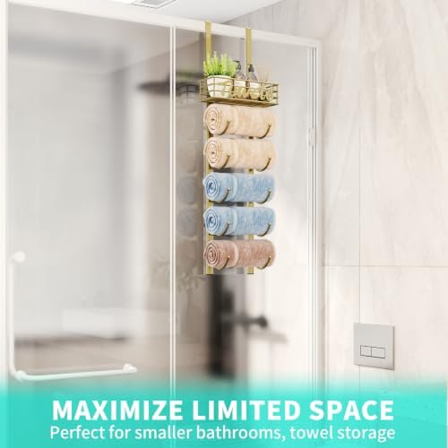 HapiRm Towel Racks for Bathroom Storage - 6 Tier Over The Door & Wall Mount Rolled Towel Storage Organizer Holder with Metal Shelf Basket for Small Bathroom, Camper, Rv - Gold, Patented - Image 7