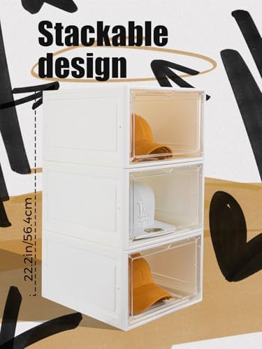 SCAVATA 6 Pack Hat Organizer Box, Stackable Clear Baseball Caps Holder Box Containers with Magnetic Door for Hats Snapback Cap Storag, Hat Rack Display Case, Holds 8 Hats Each (White) - Image 3