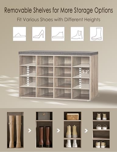 DINZI LVJ Shoe Storage Bench with Cushion, 16-Cubby Shoe Rack with Seat - Image 4