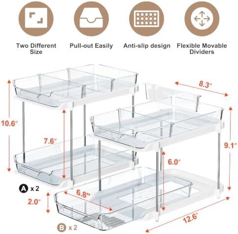 Delamu 2-Tier Multi-Purpose Bathroom Under Sink Organizers and Storage, Stackable Kitchen Pantry Organization, Pull Out Medicine Cabinet Organizer with Movable Dividers, Blue, 4 Pack - Image 2