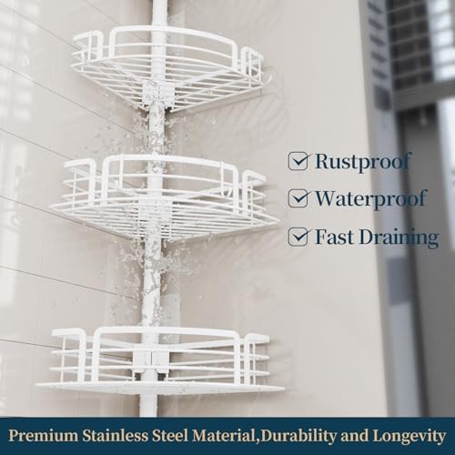 Consumest Shower Caddy Tension Pole - Adjustable Corner Shower Organizer with Soap Holder, Bath Shelves for Bathroom Storage, 27.6-108.3 inch, White - Image 6