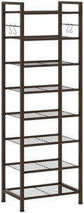 usikey 8 Tiers Narrow Shoe Rack 16-24 Pairs, Sturdy Metal Tall Shoe Rack with 4 Hooks, Slim Shoe Storage Organizer with Metal Shelf, Space Saving Vertical Shoe Shelf for Closet Entryway, Bronze by USIKEY