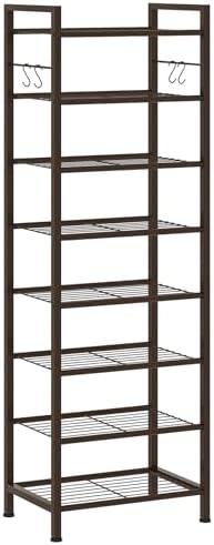 usikey 8 Tiers Narrow Shoe Rack 16-24 Pairs, Sturdy Metal Tall Shoe Rack with 4 Hooks, Slim Shoe Storage Organizer with Metal Shelf, Space Saving Vertical Shoe Shelf for Closet Entryway, Bronze by USIKEY