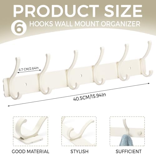 Dntorx Coat Rack Wall Mount, 2 Pack White Coat Hooks Hanger Wall with 6 Double Hooks Rack Rail Towel Hat Rack Entryway Bathroom Hanger Organizer for Robes, Clothes, Bags, Hat - Image 2