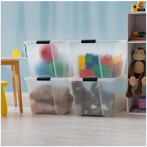 IRIS USA 54 Qt Stackable Plastic Storage Bins with Lids, 8 Pack - BPA-Free, Made in USA - See-Through Organizing Solution, Latches, Durable Nestable Containers, Secure Pull Handle - Clear - Image 5