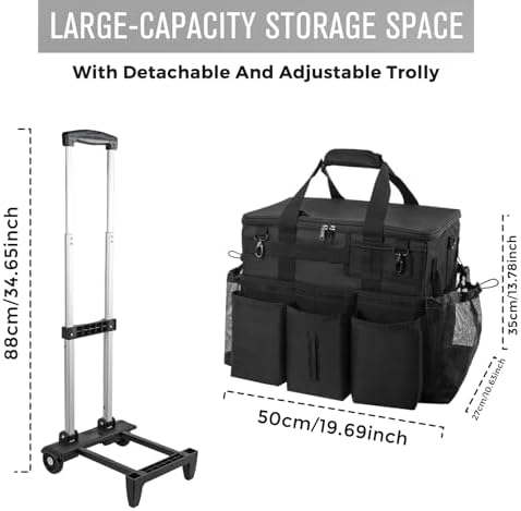SCAVATA Rolling Cleaning Caddy Bag with Detachable Trolley, Large Cleaning Supplies Organizer with Wheels, Multi Pocket Cleaning Cart with Adjustable Shoulder Strap for Housekeepers & Home Use, Black - Image 5