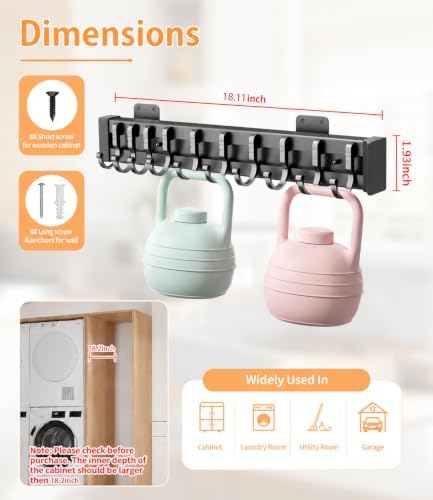 Pull Out Broom Holder 18" With 10 Adjustable Row Sliding Hooks, Multifunctional Slide Broom And Mop Storage/Organizer Garage Organization Hooks, for Closet Laundry Garage Kitchen - Image 2