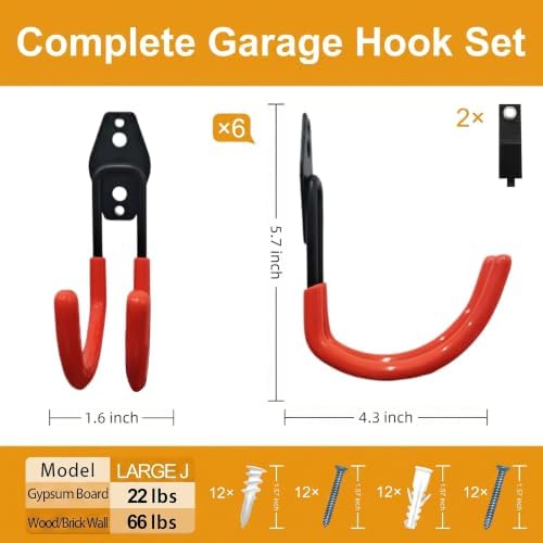 Garage Hooks, 6 Pack Large Round Wall Hooks for Hanging Heavy Duty Ladders, Bikes, Tools Ideal for Garage, Garden, Basement Utility Room Storage (Orange) - Image 2