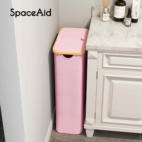 SpaceAid Slim Laundry Hamper with Lid, 65L Narrow Clothes Basket Bin with Bamboo Handles, Skinny Tall Collapsible Hamper for Bedroom, Bathroom, Dorm, Laundry Room - Pink - Image 4