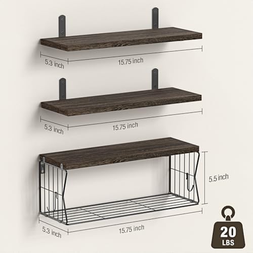 Floating Bathroom Shelves Wall Mounted - Wooden Shelf Set of 3 for Over Toilet Storage & Farmhouse Bathroom Decor - Perfect Shelving Organizer for Apartments RVs Powder Room Restroom - Rustic - Image 3