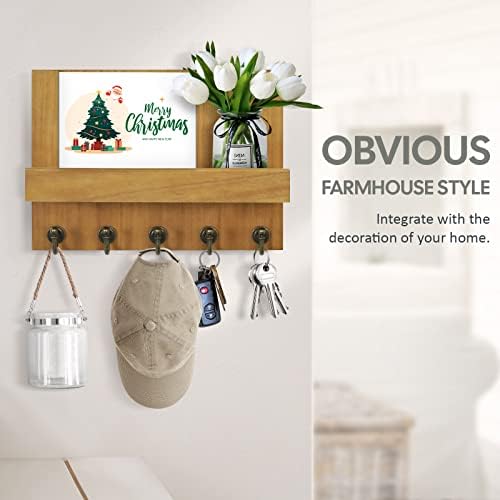 HONJIN Farmhouse Wall Key Holder for Wall : Holiday Card Slot Design Wooden Mail Organizer Wall Mount Dog Leashes Holder Hanger (Light Brown) - Image 6