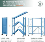 DEANIC 3 Tier Foldable Storage Shelves with Wheels, Kitchen Appliance Stand, Freestanding Metal Wire Shelf Rack, No Assembly Organizer Rolling Cart for Garage, Basement, Pantry(Blue) - Image 5