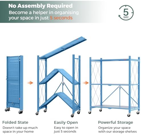 DEANIC 3 Tier Foldable Storage Shelves with Wheels, Kitchen Appliance Stand, Freestanding Metal Wire Shelf Rack, No Assembly Organizer Rolling Cart for Garage, Basement, Pantry(Blue) - Image 5