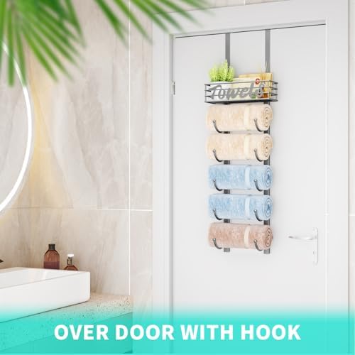 HapiRm Towel Racks for Bathroom Storage - 6 Tier Over The Door & Wall Mount Rolled Towel Storage Organizer Holder with Metal Shelf Basket for Small Bathroom, Camper, Rv - Sliver, Patented - Image 4