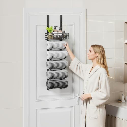 SWTYMIKI Hanging Towel Racks for Bathroom - 6 Tier Over The Door & Wall Mounted Bath Rolled Towel Storage Organizer Holder for Small Bathroom, RV, Camper, Black (Patented) - Image 2